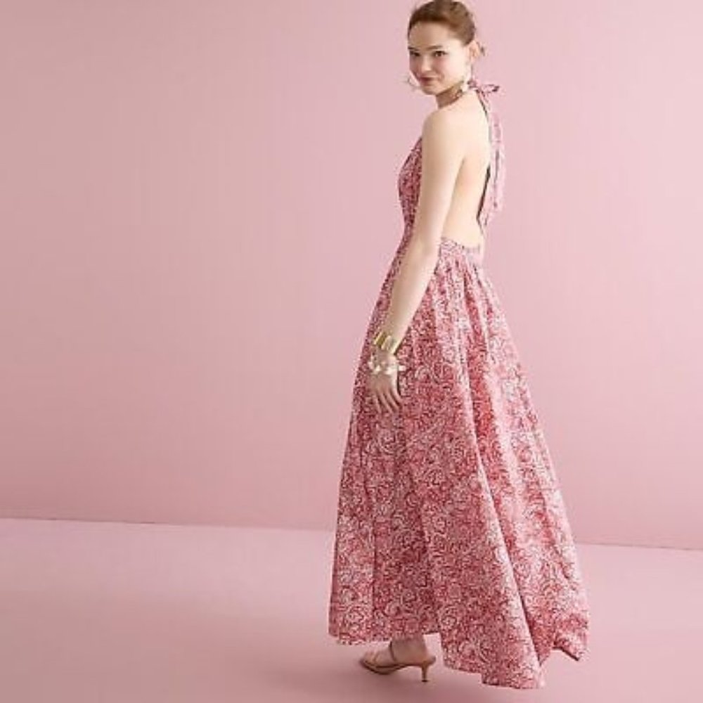 J Crew Collection Halter-neck Cotton Poplin Maxi Dress Open Back in Pink Paisley